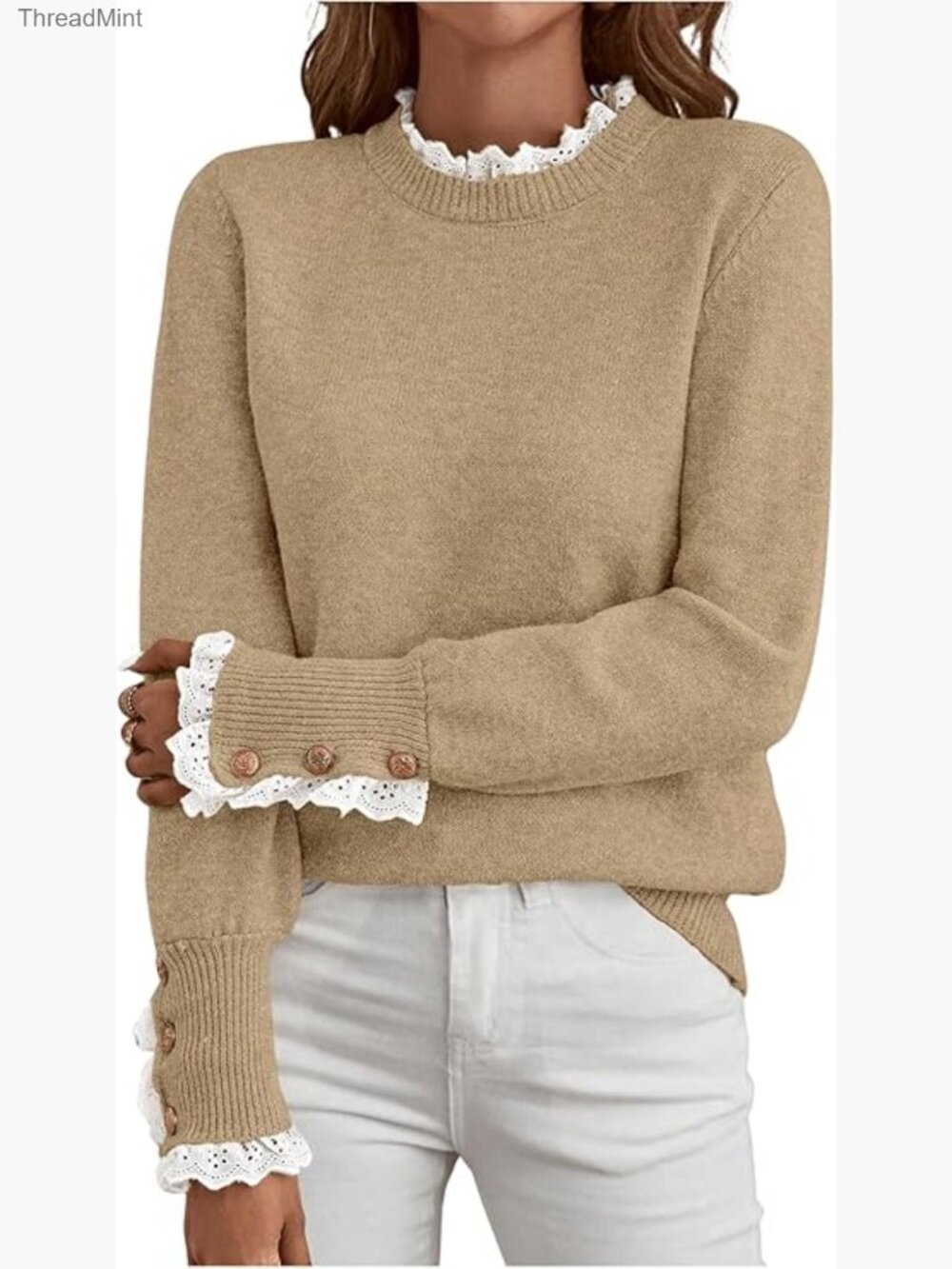 Mock Neck Peplum Lace Sweater Pullover Cozy Knit Tops - Picture 1 of 6